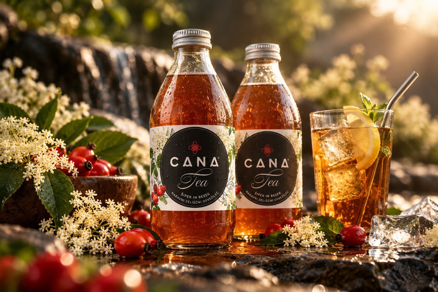 Cana Tea – dve steklenici z osvežilcem iz šipka in bezga