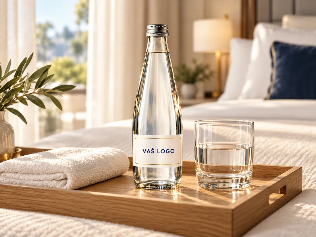Steklenica vode z logotipom hotela na pladnju v hotelski sobi