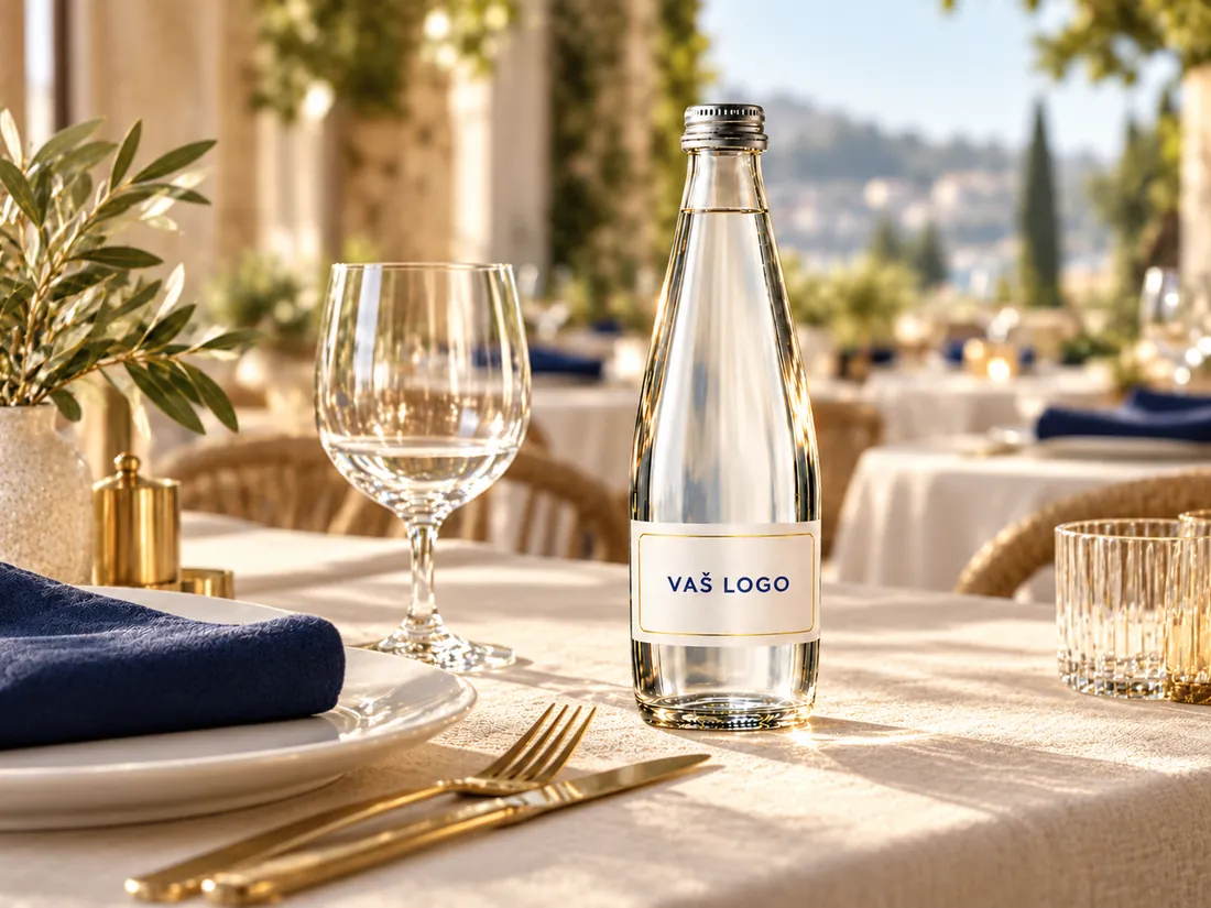Steklenica vode z logotipom restavracije na pogrnjeni mizi